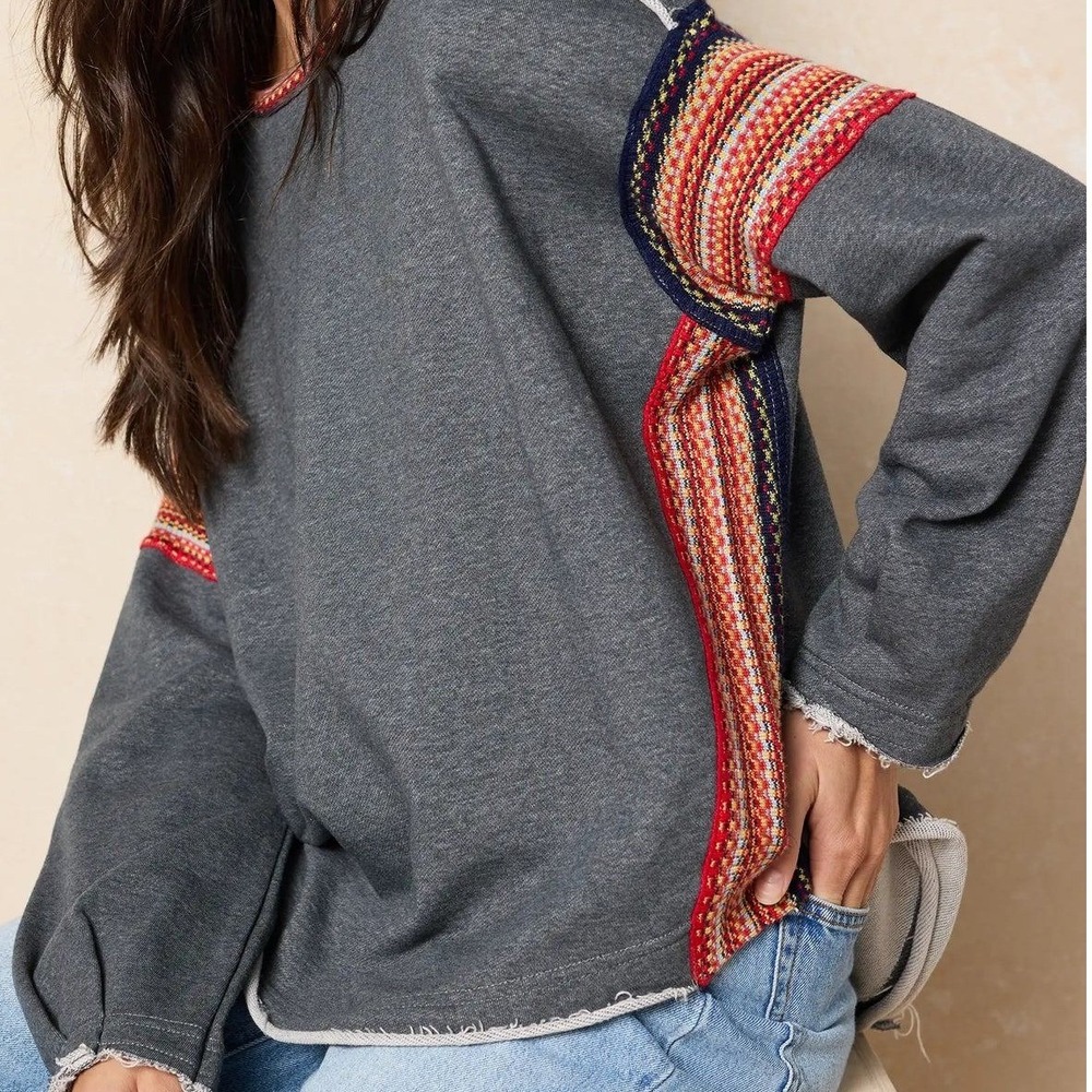Natural Life Gray Knit Trim Oversize Sweatshirt S/M Cozy Loungewear Boho Top - Picture 11 of 11